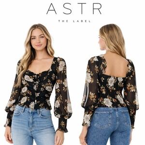 ASTR Floral Smocked Crop Top Women's M Sheer Puff Sleeve Black Romantic Blouse